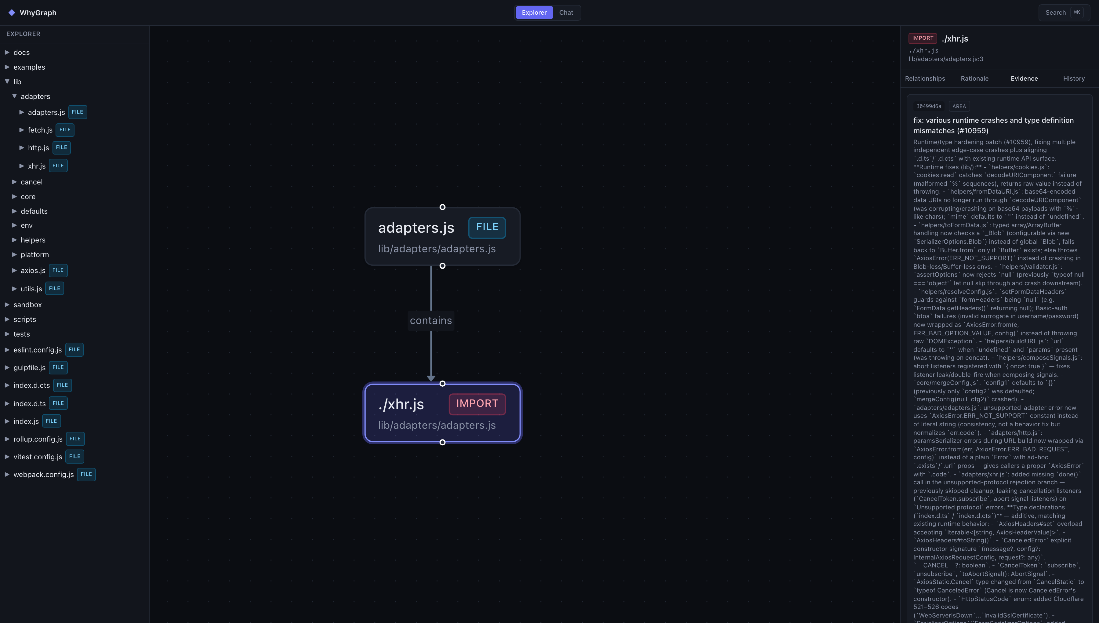 The same node's Evidence tab: the commits behind it, each described from the raw diff.