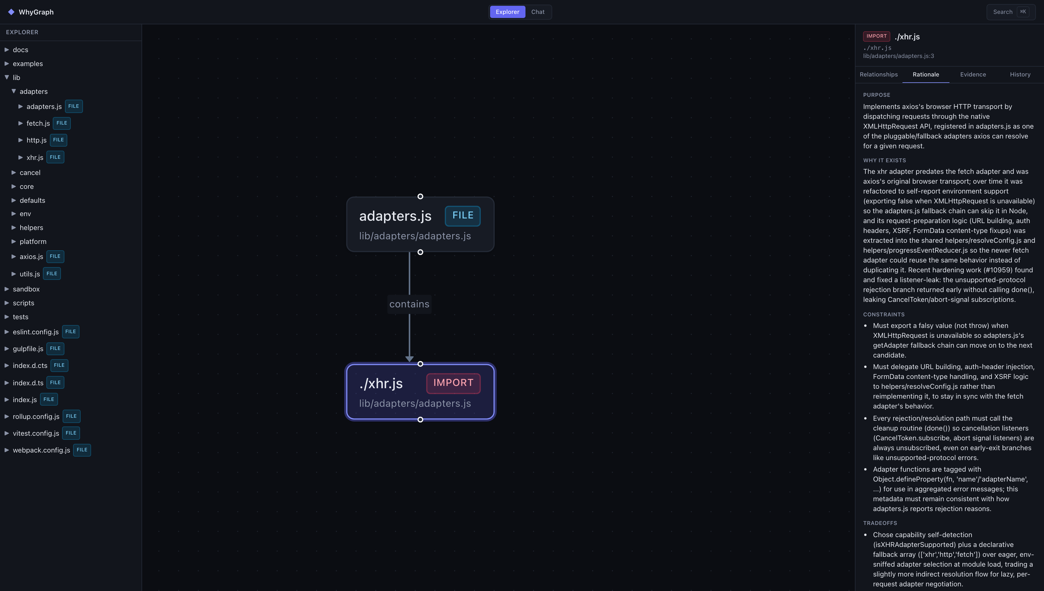 The Explorer: a node selected in the graph, with its rationale card open - purpose, why it exists, constraints, tradeoffs.